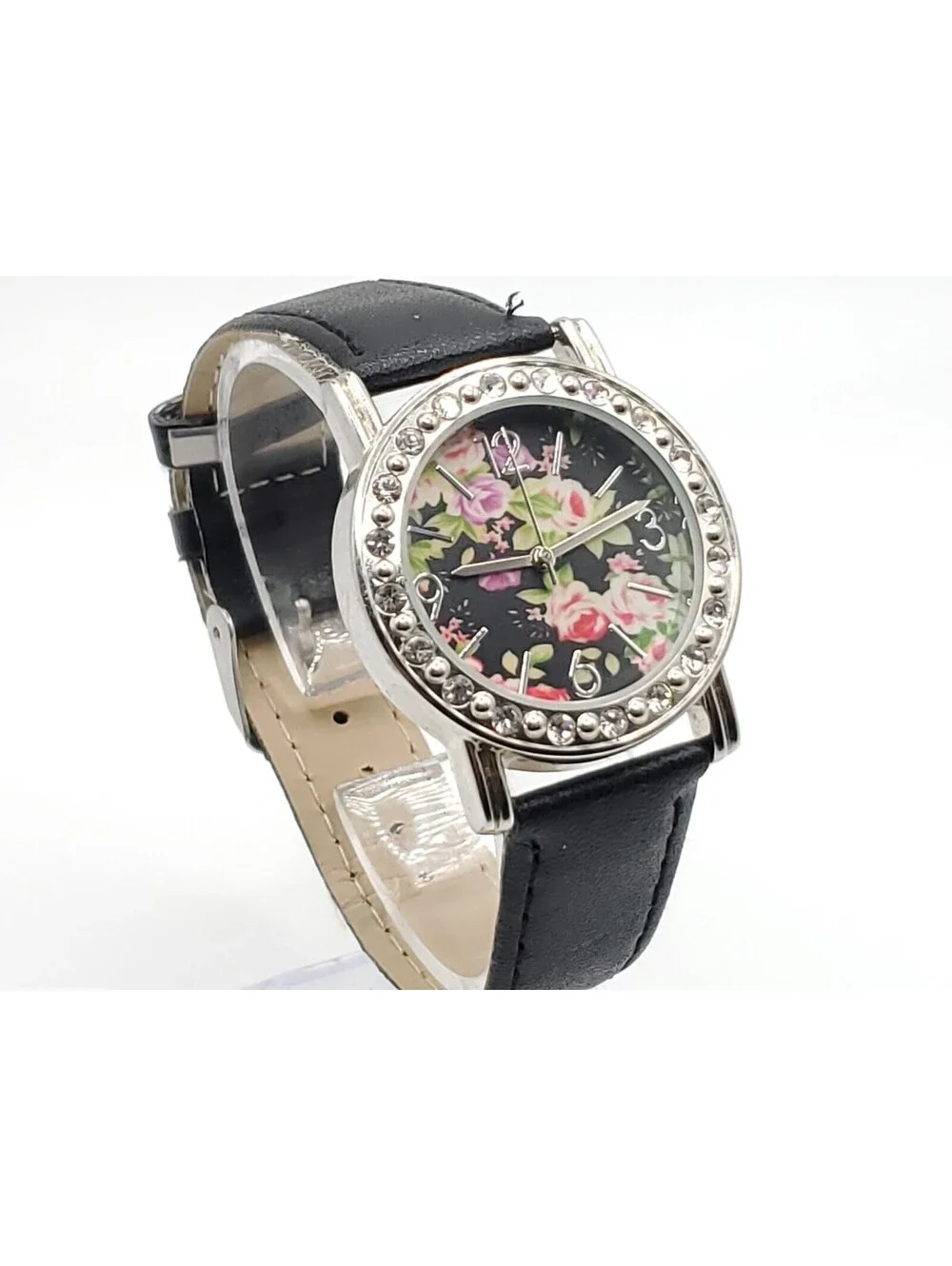 Flower Quartz Watch Womens New Battery Black Band 32mm